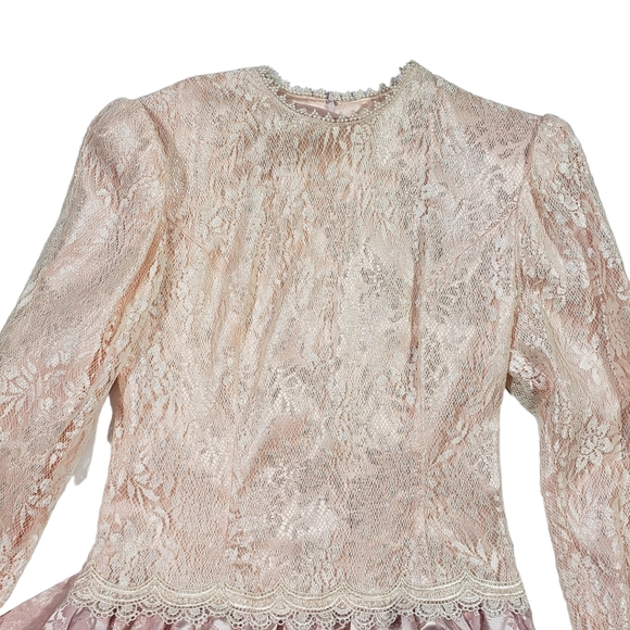 Vintage Scott McClintock Satin Lace Drop Waist Peplum Dress Sz 8 Pink Peach Bow - Picture 7 of 16